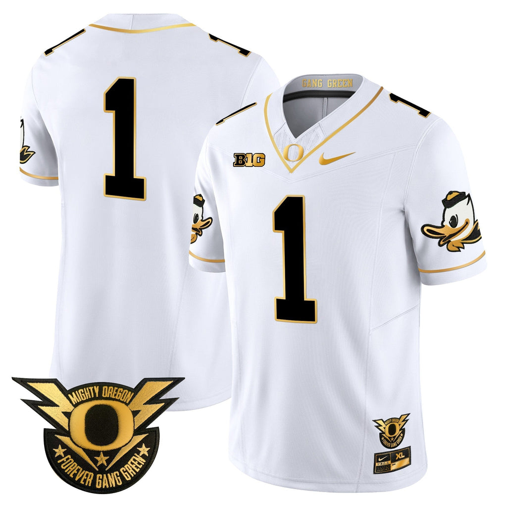 Men Oregon Ducks 2024 Forever Gang Green & BIG Patch Gold Vapor Limited Jersey - All Stitched