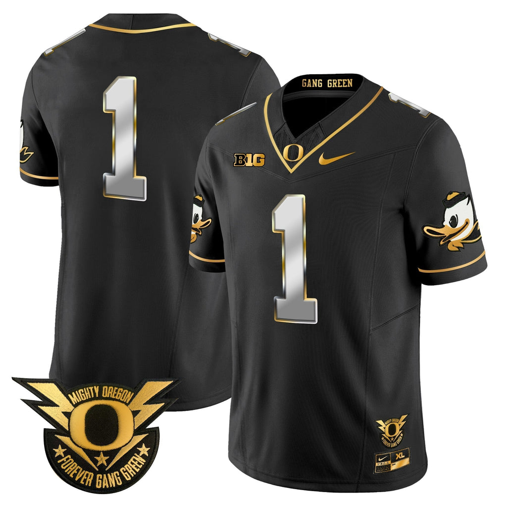 Men Oregon Ducks 2024 Forever Gang Green & BIG Patch Gold Vapor Limited Jersey - All Stitched