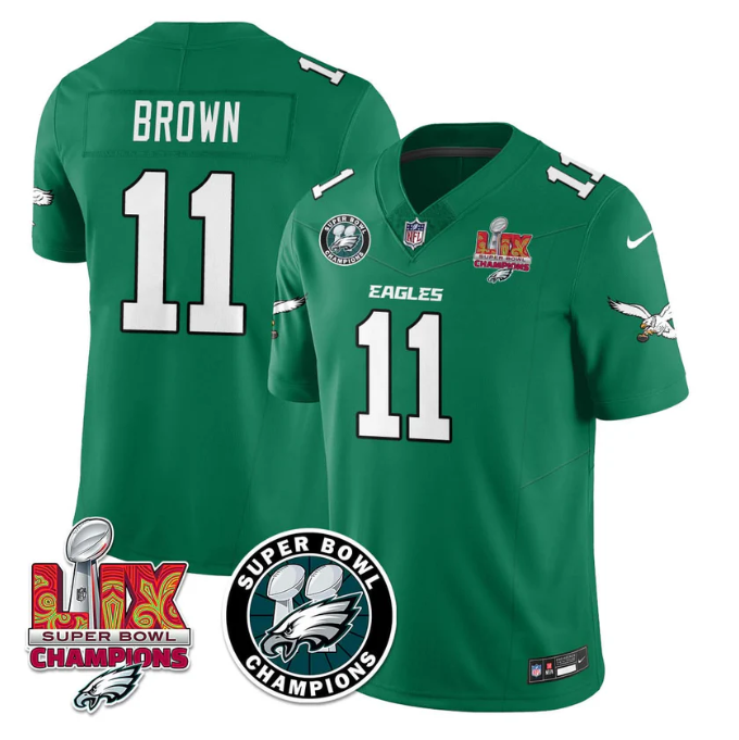 A. J. Brown Jersey #11 Super Bowl LIX Champions All Stitched Kelly Green