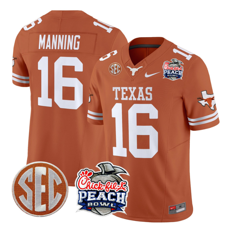 Arch Manning Jersey #16 Texas Longhorns Peach Bowl Patch Vapor Texas Orange