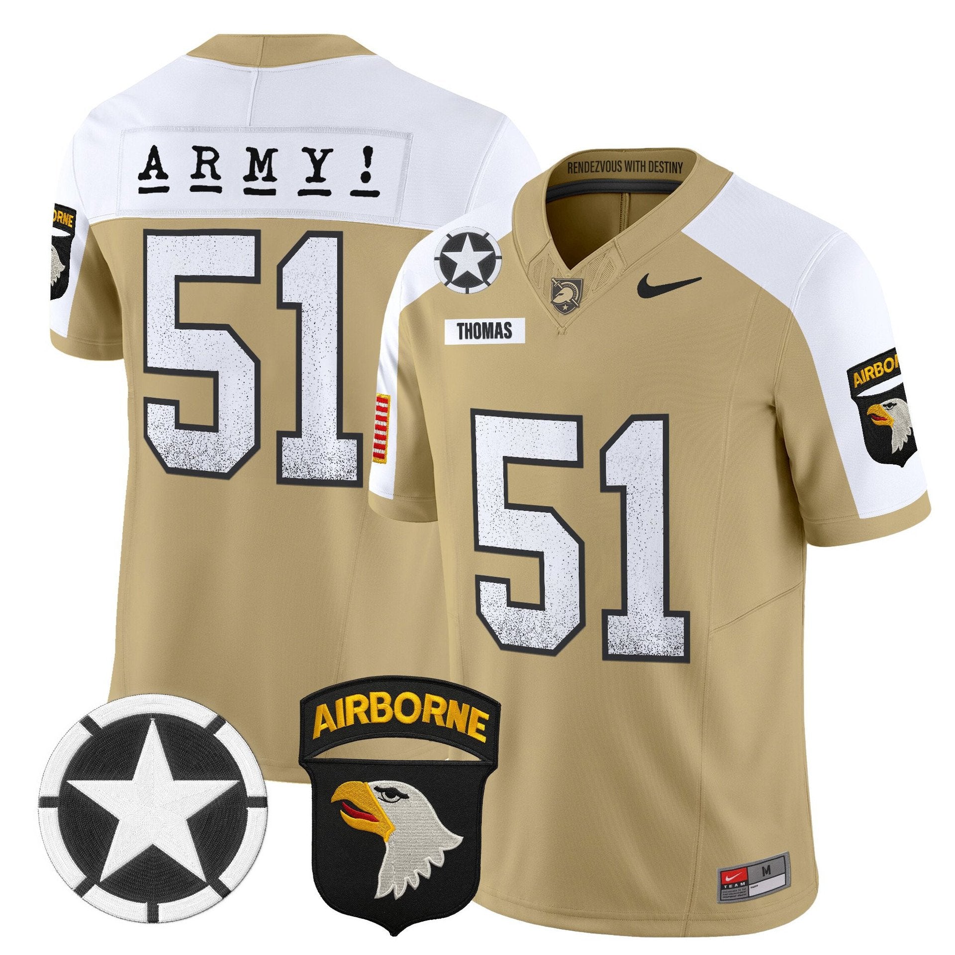 Andon Thomas Jersey #51 Army Black Knights 2025 Screaming Eagles Stitched Tan Alter