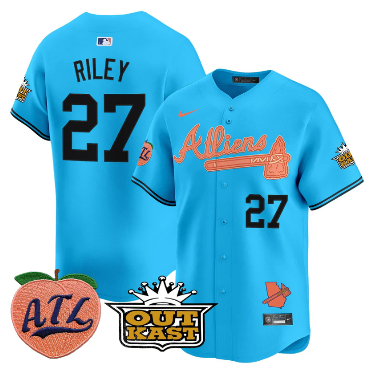 Austin Riley Jersey #27 Atlanta Braves Atliens Peach Vapor Premier Limited Stitched Light Blue