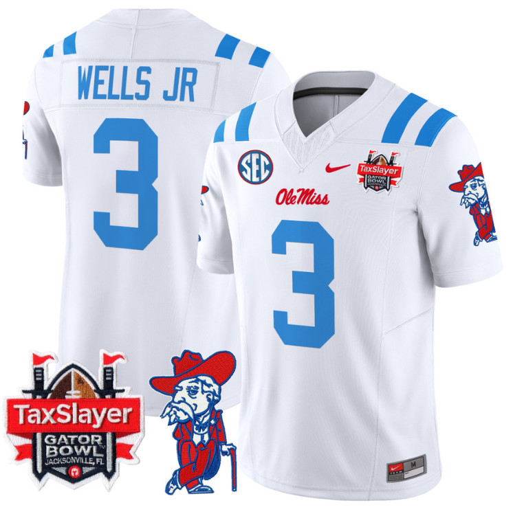 Antwane Wells Jr Jersey #3 Ole Miss Rebels 2025 Gator Bowl Patch 2024 White
