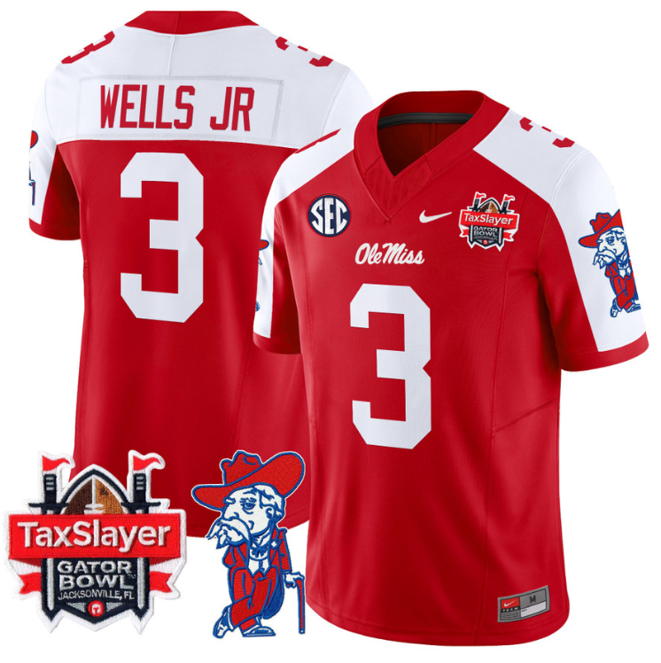 Antwane Wells Jr Jersey #3 Ole Miss Rebels 2025 Gator Bowl Patch Red Alternate