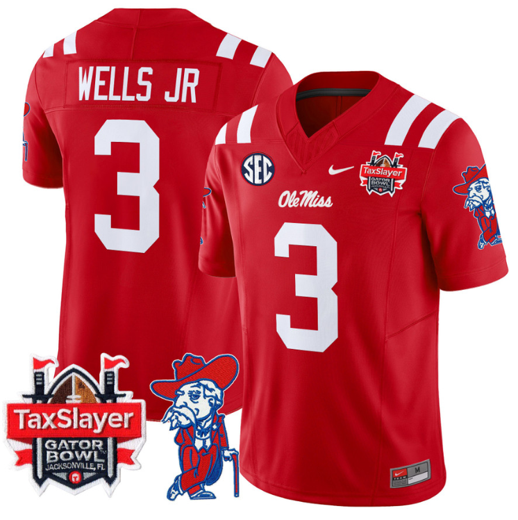 Antwane Wells Jr Jersey #3 Ole Miss Rebels 2025 Gator Bowl Patch Red