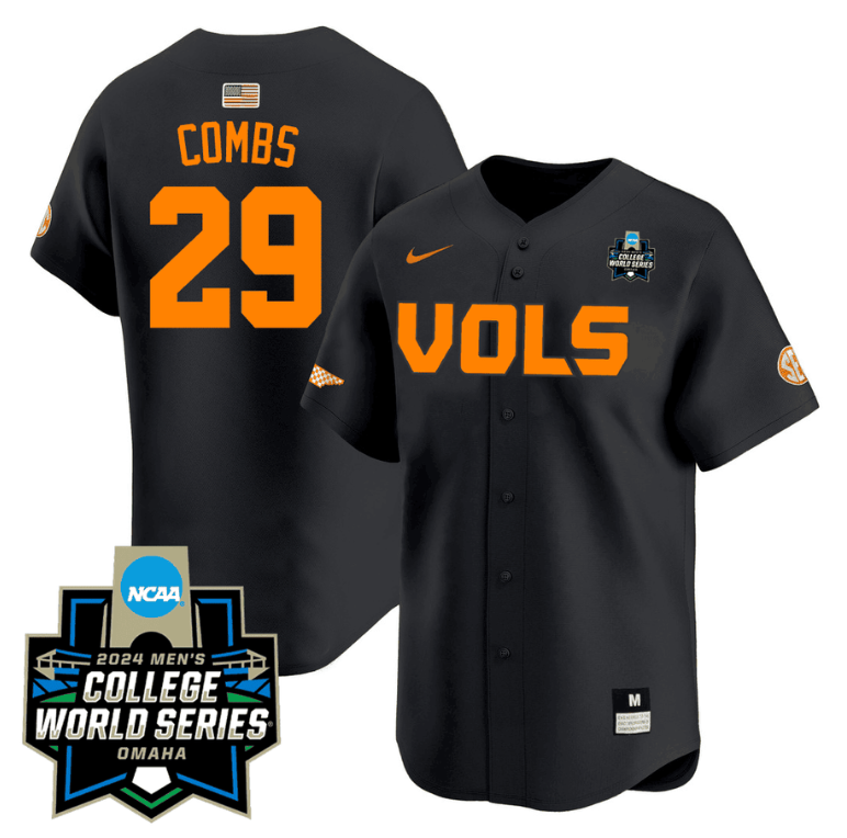 Aaron Combs Jersey #29 Tennessee Volunteers 2024 College World Series Patch Vapor Premier Limited NCAA Baseball Stitched Black