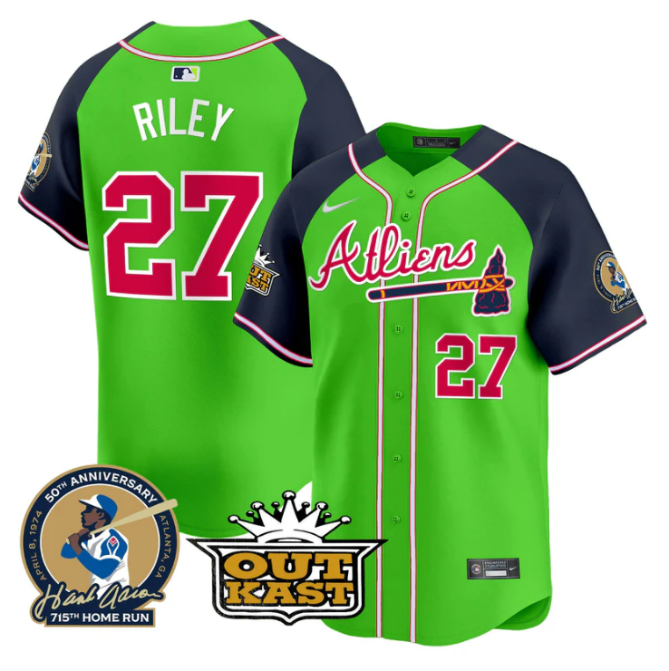 Austin Riley Jersey #27 Atlanta Braves Atliens Hank Aaron Patch Limited Stitched Green Alternate