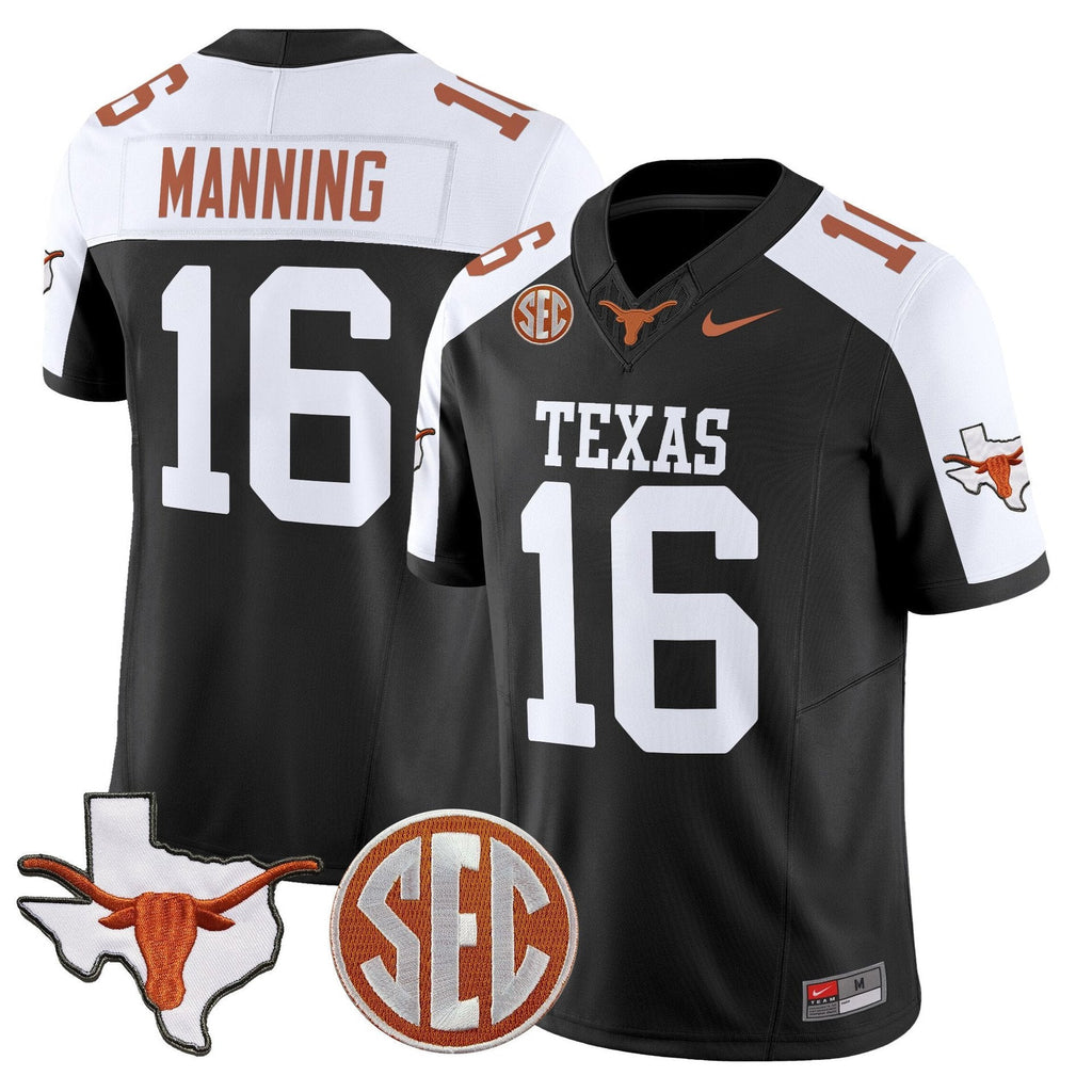 Arch Manning Jersey #16 Texas Longhorns 2025 State Map SEC Patch Black Alternate