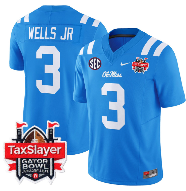 Antwane Wells Jr Jersey #3 Ole Miss Rebels 2024 Gator Bowl V2 Powder Blue