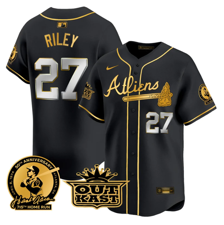 Austin Riley Jersey #27 Atlanta Braves Atliens Hank Aaron Patch Limited Stitched Black Gold