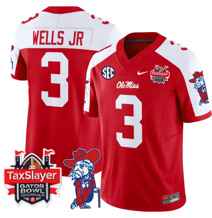 Antwane Wells Jr Jersey #3 Ole Miss Rebels 2024 Gator Bowl V2 Red Alternate