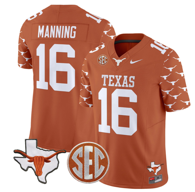 Arch Manning Jersey #16 Texas Longhorns State Map and Sec Patch Vapor Limited College Football Stitched Texas Orange