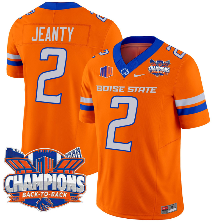 Ashton Jeanty Jersey #2 Boise State Broncos Back To Back Champions Orange