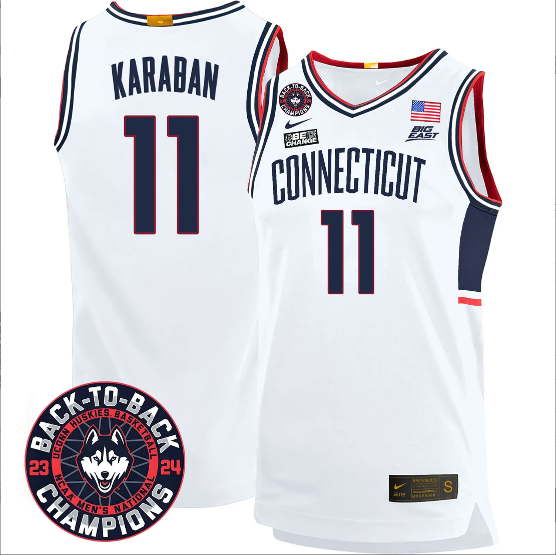 Alex Karaban Jersey #11 UConn Huskies Basketball 2024 Back To Back Champions Patch White