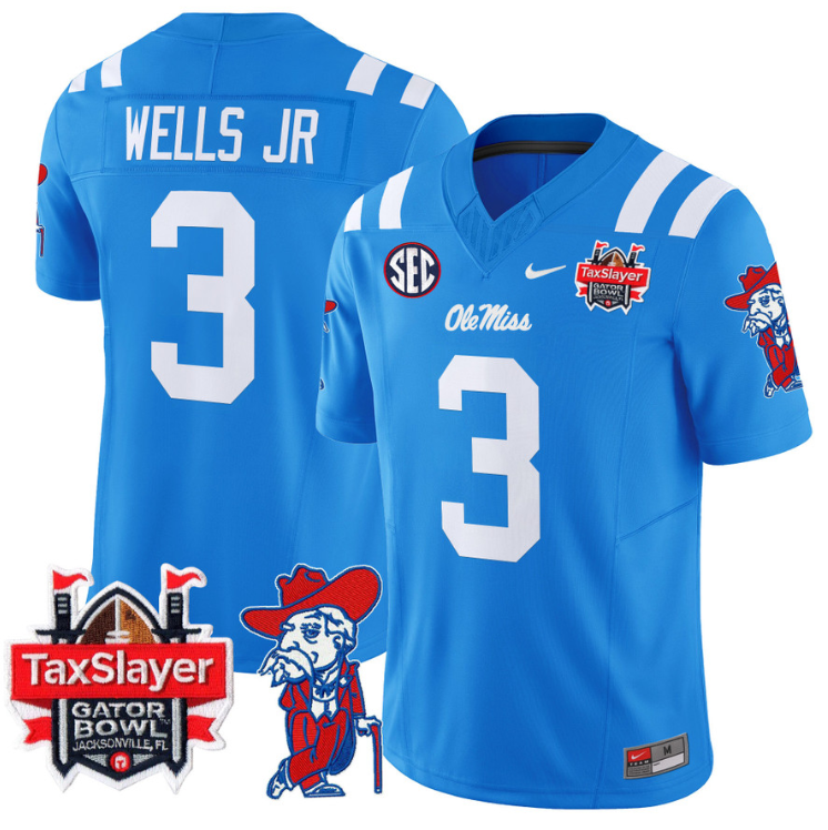 Antwane Wells Jr Jersey #3 Ole Miss Rebels 2025 Gator Bowl Patch Powder Blue