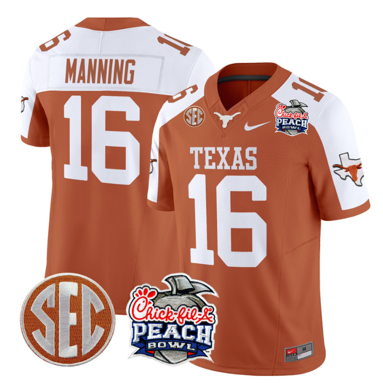 Arch Manning Jersey #16 Texas Longhorns Peach Bowl Patch Vapor Orange Alternate