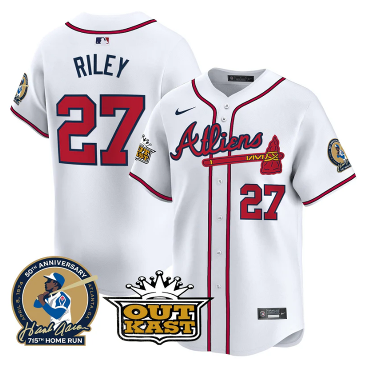 Austin Riley Jersey #27 Atlanta Braves Atliens Hank Aaron Patch Limited Stitched White