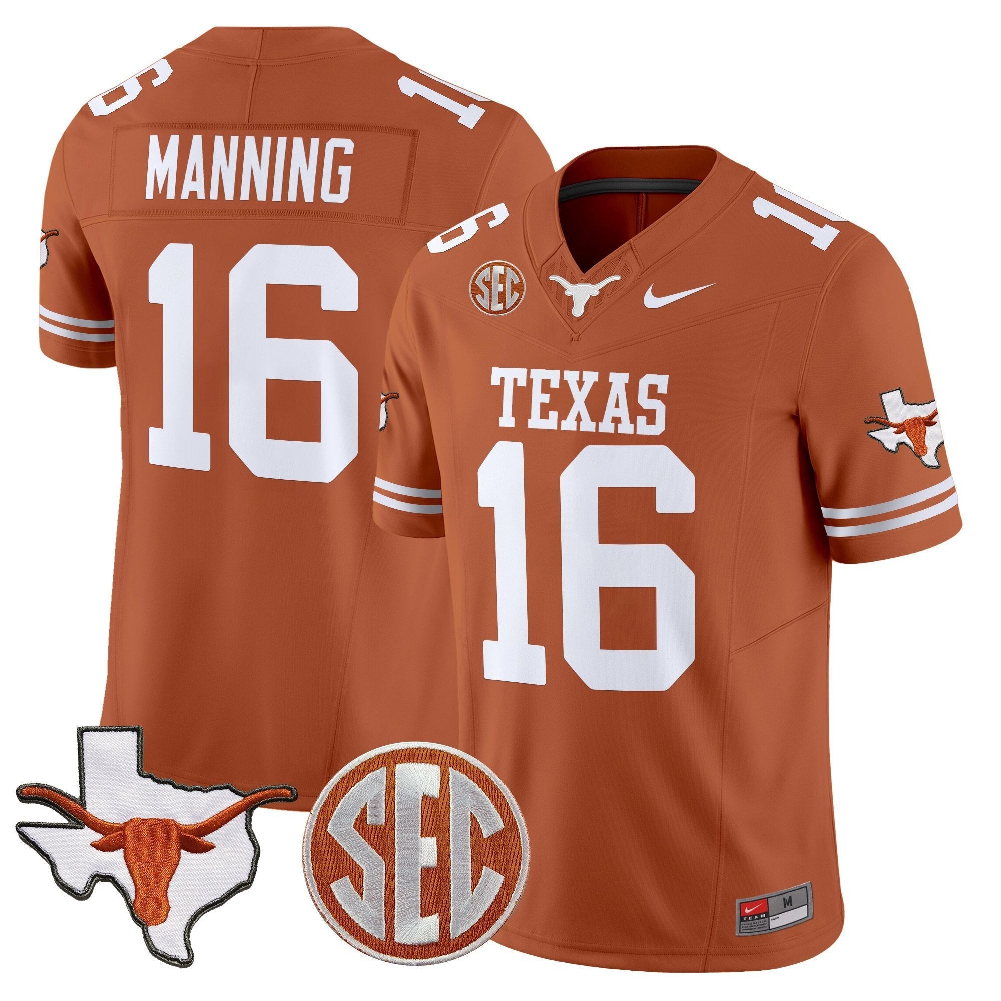 Arch Manning Jersey #16 Texas Longhorns 2025 State Map SEC Patch Texas Orange