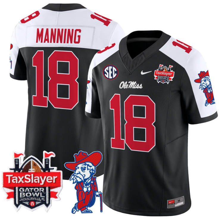 Archie Manning Jersey #18 Ole Miss Rebels 2025 Gator Bowl Patch Black Alternate