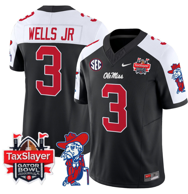 Antwane Wells Jr Jersey #3 Ole Miss Rebels 2024 Gator Bowl V2 Black Alternate