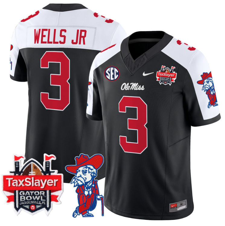 Antwane Wells Jr Jersey #3 Ole Miss Rebels 2025 Gator Bowl Patch Black Alternate