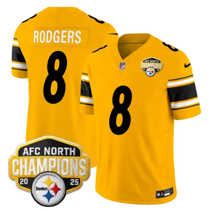 Aaron Rodgers Jersey #8 AFC North Division Champions 2025 Stitched Gold