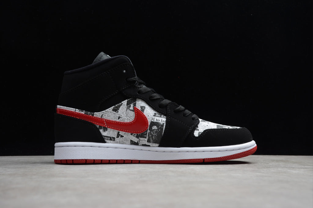 Air Jordan 1 Mid Black Red Newspaper