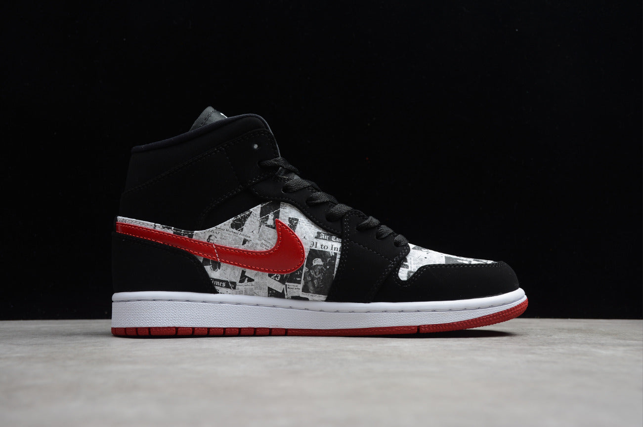 Air Jordan 1 Mid Black Red Newspaper