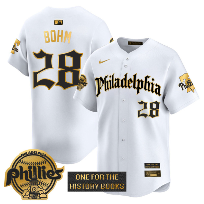 Alec Bohm Jersey #28 Phillies Retro Newspaper Edition Gold Vapor Premier Stitched White Gold