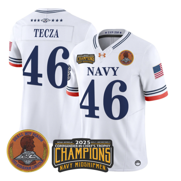 Alex Tecza Jersey #46 Navy Midshipmen 2025 Trophy Champions Stitched White