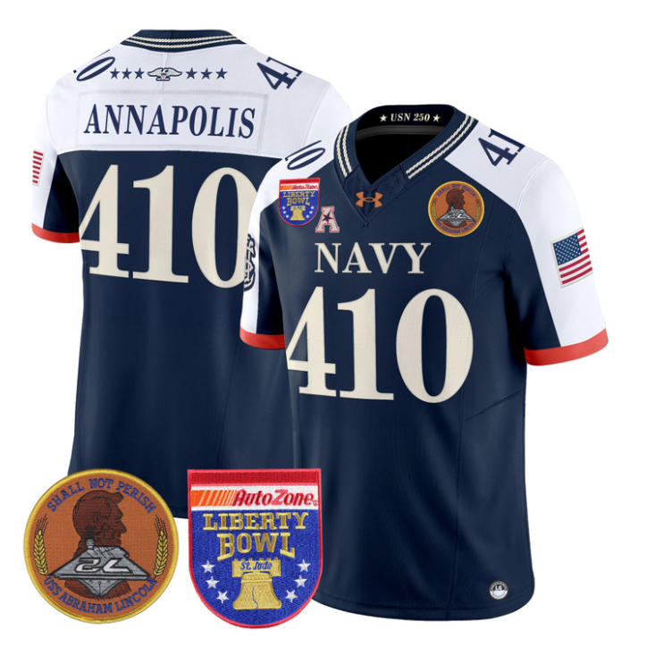 Annapolis Jersey #410 Navy Midshipmen 250th 2026 Liberty Bowl Stitched Navy Alternate