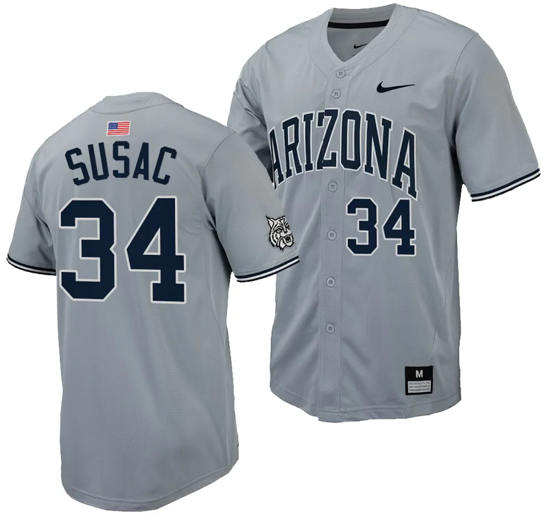 Anthony Susac Jersey #34 Arizona Wildcats Replica Baseball Full-Button Gray