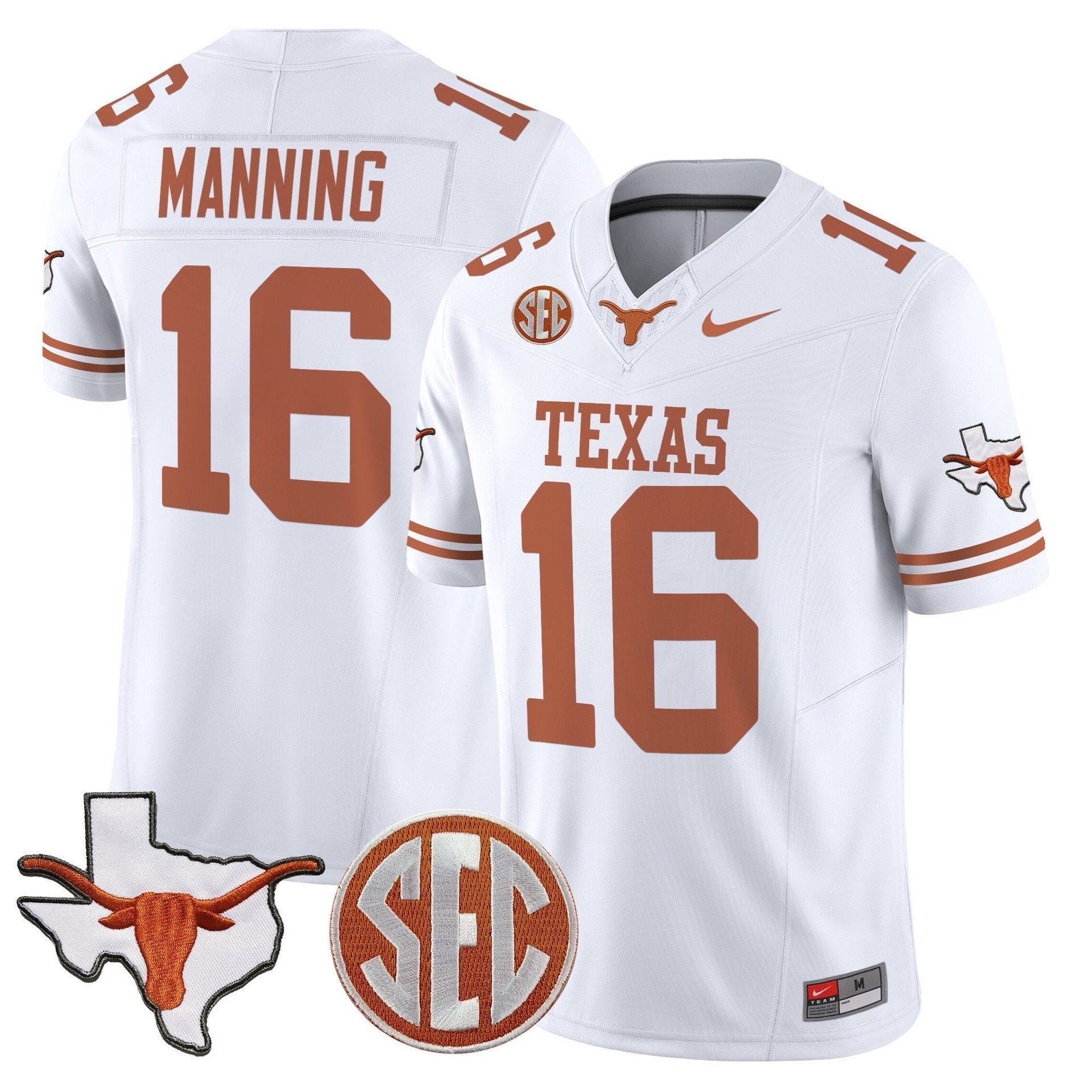 Arch Manning Jersey #16 Texas Longhorns 2025 State Map SEC Patch White