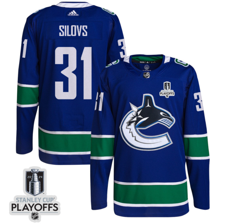Arturs Silovs 31 Vancouver Canucks 2024 NHL Playoffs Patch Home Jersey - Men, Blue