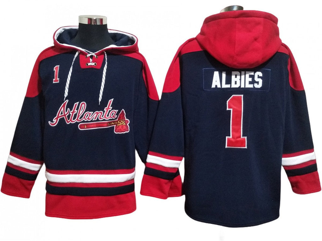 Atlanta Braves #1 Ozzie Albies Navy Ageless Must-Have Lace-Up Pullover Hoodie