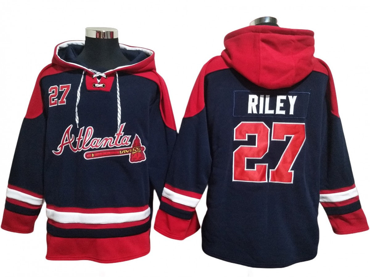 Atlanta Braves #27 Austin Riley Navy Ageless Must-Have Lace-Up Pullover Hoodie
