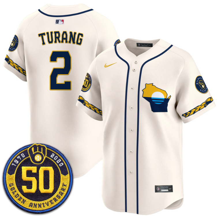 Brice Turang Jersey #2 Milwaukee Brewers Golden 50th Anniversary Patch Stitched Cream