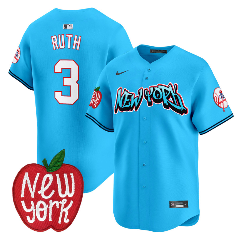 Babe Ruth Jersey #3 New York Yankees Apple Patch Vapor Premier Limited Stitched Light Blue