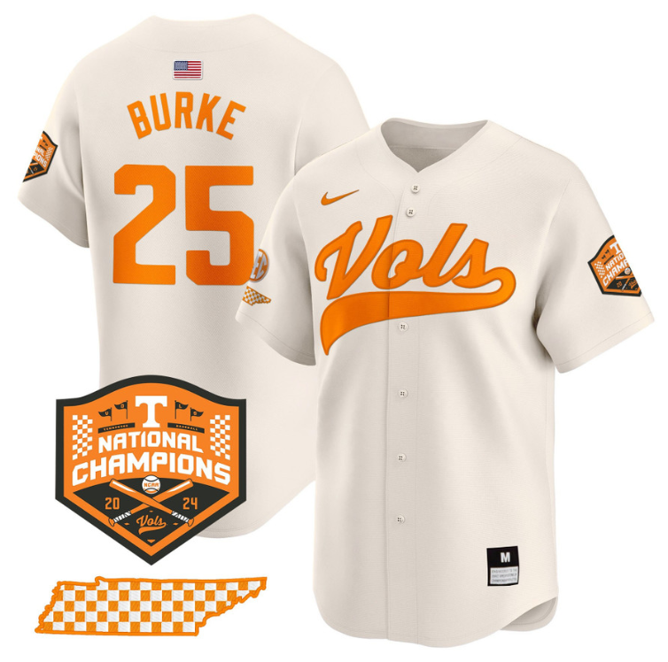 Blake Burke Jersey #25 Tennessee Volunteers Baseball 2024 Champions Vapor Premier Limited  Cream