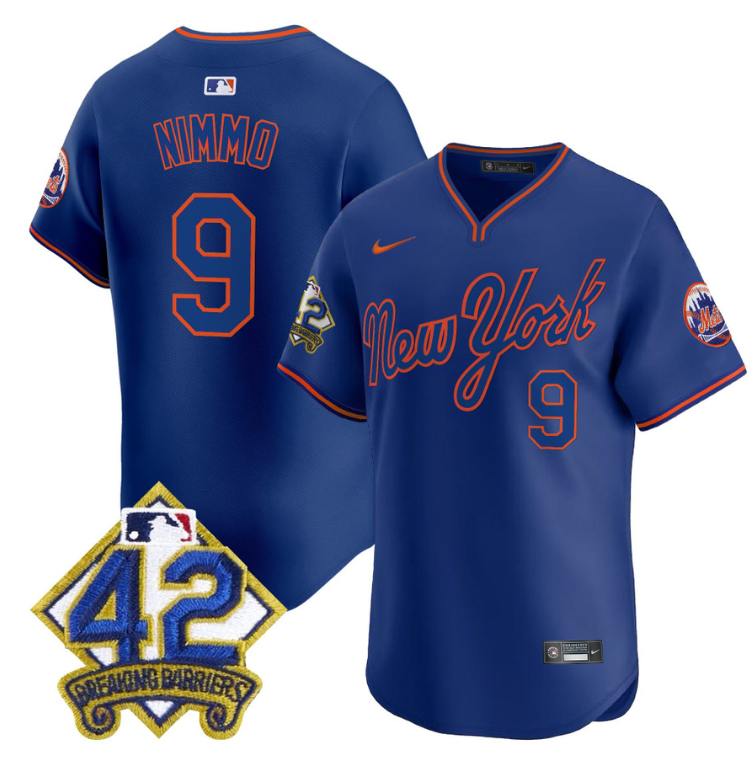 Brandon Nimmo Jersey #9 New York Mets 2025 Jackie Robinson Patch Road Alternate Stitched Royal
