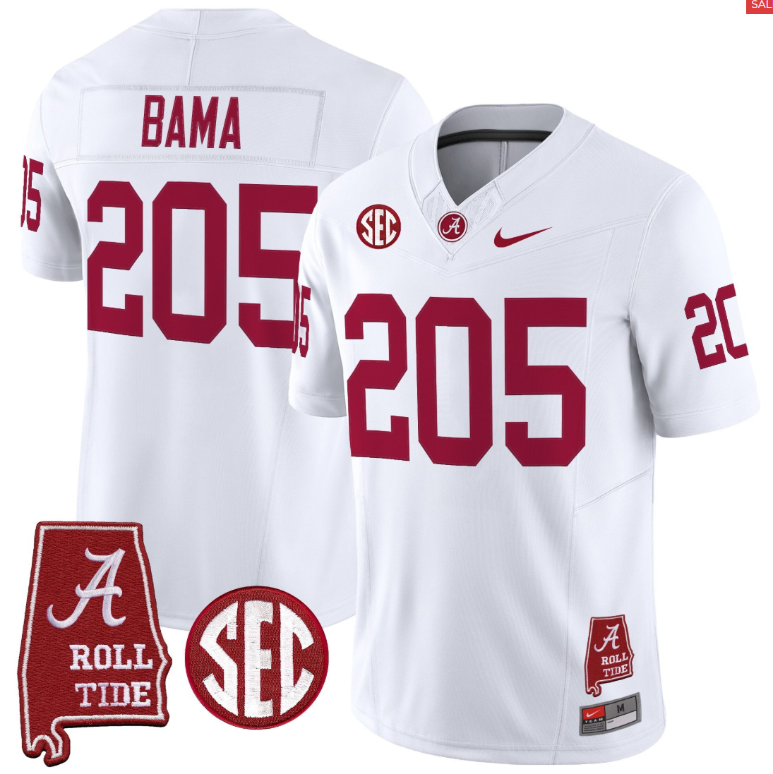 Bama Jersey #205 Alabama Crimson Throwback Alabama Map Stitched White