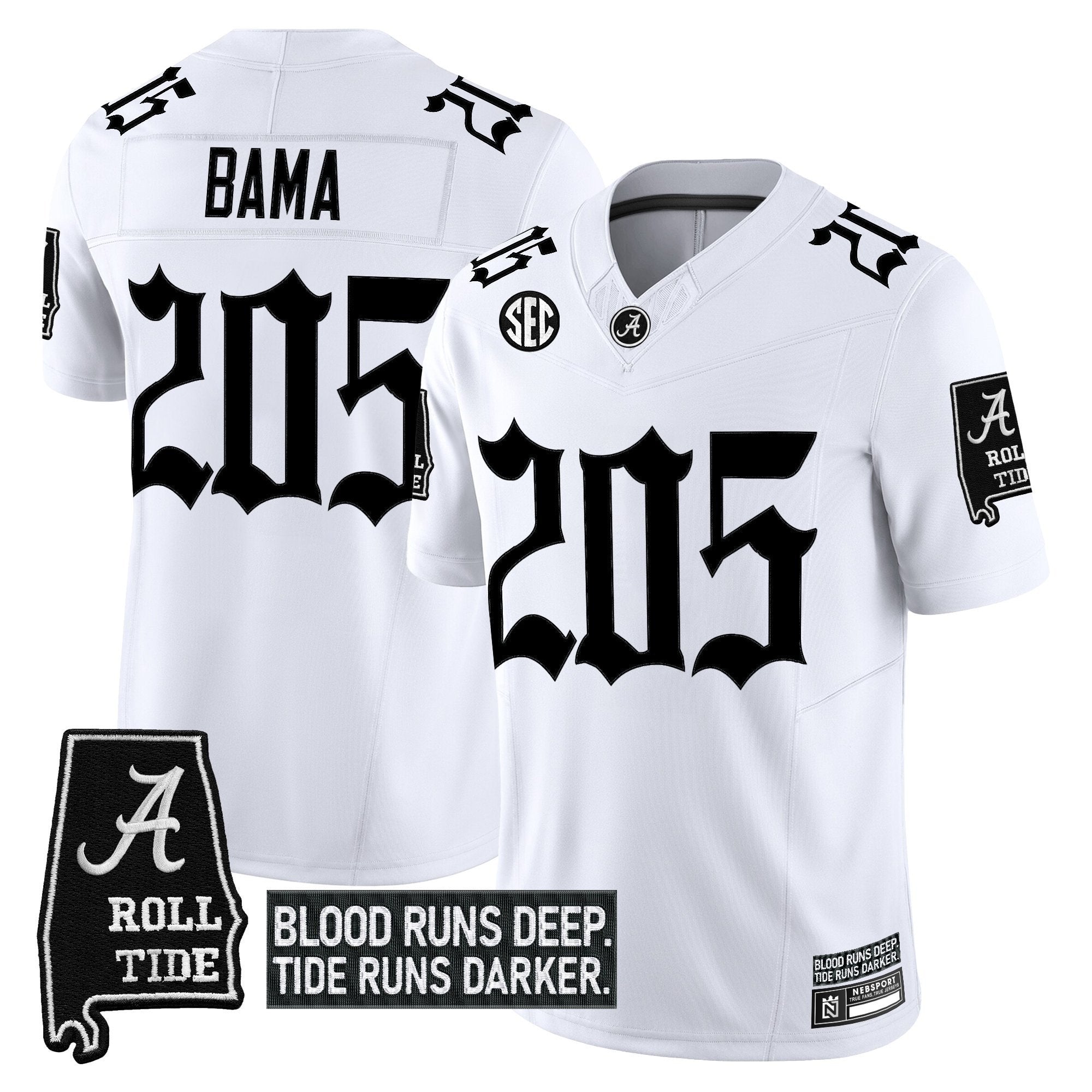 Bama Jersey #205 Alabama Crimson Gothic Bama Blood Edition Stitched White