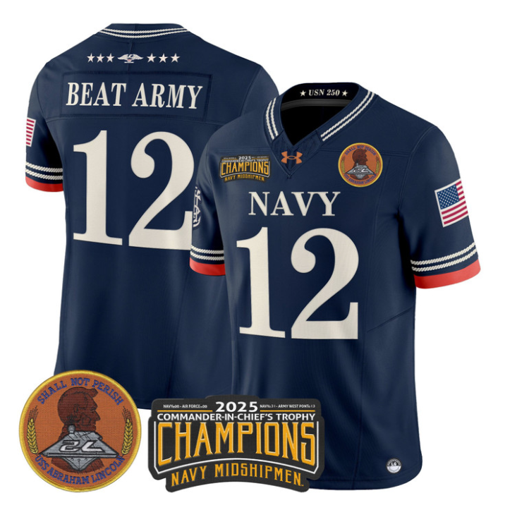 Beat Army Jersey #12 Navy Midshipmen 2025 Trophy Champions Patch Stitched Navy