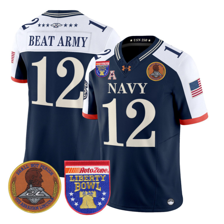 Beat Army Jersey #12 Navy Midshipmen 250th 2026 Liberty Bowl Stitched Navy Alternate