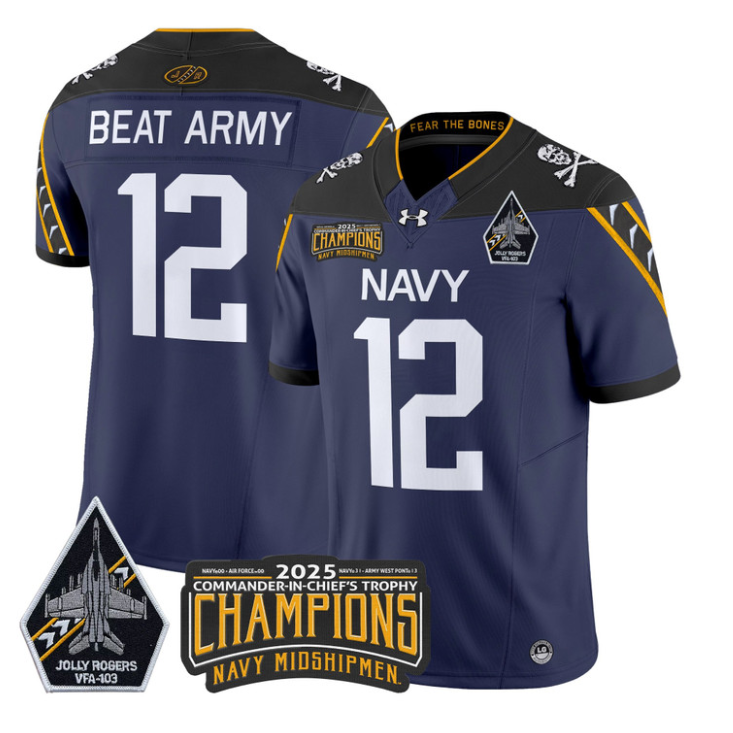 Beat Army Jersey #12 Navy Midshipmen Jolly Rogers 2025 Trophy Stitched Navy