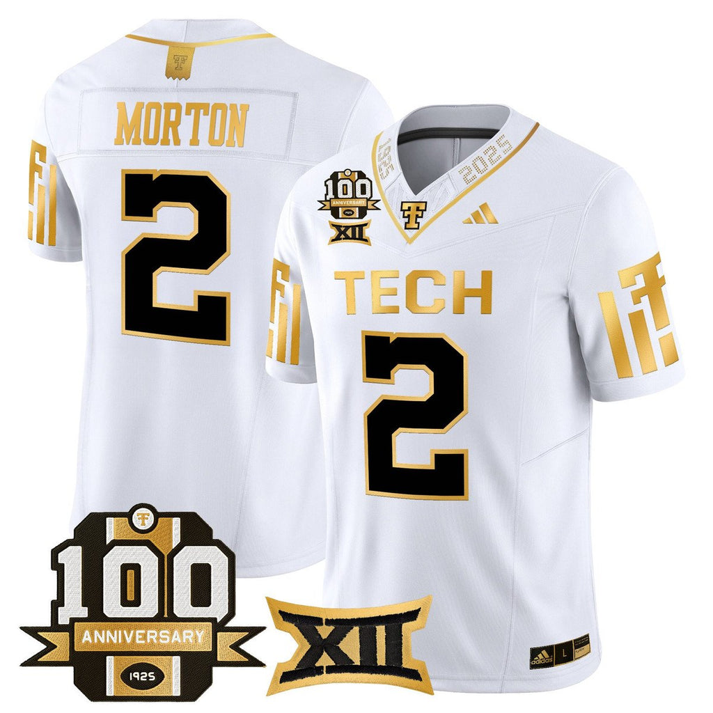 Behren Morton Jersey #2 Texas Tech 2025 100th Anniversary Stitched White Gold