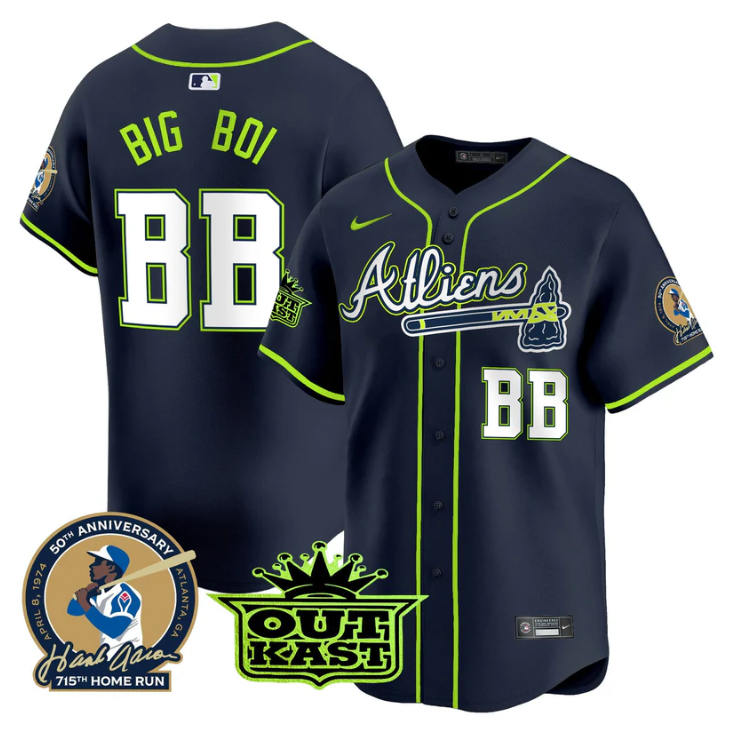 Big Boi Jersey #BB Atlanta Braves Atliens Hank Aaron Patch Limited Stitched