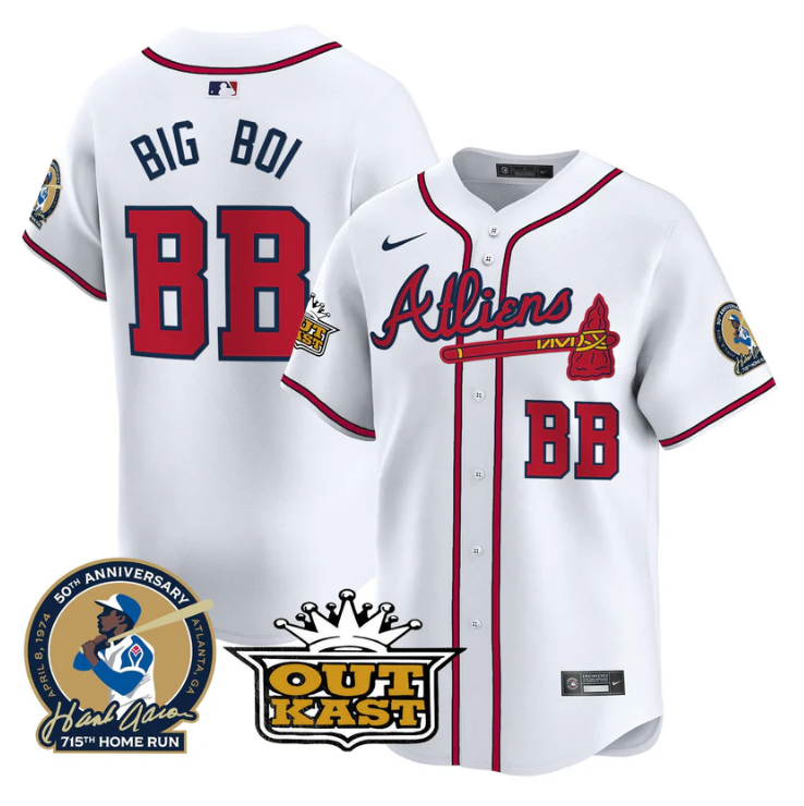 Big Boi Jersey #BB Atlanta Braves Atliens Hank Aaron Patch Limited Stitched White