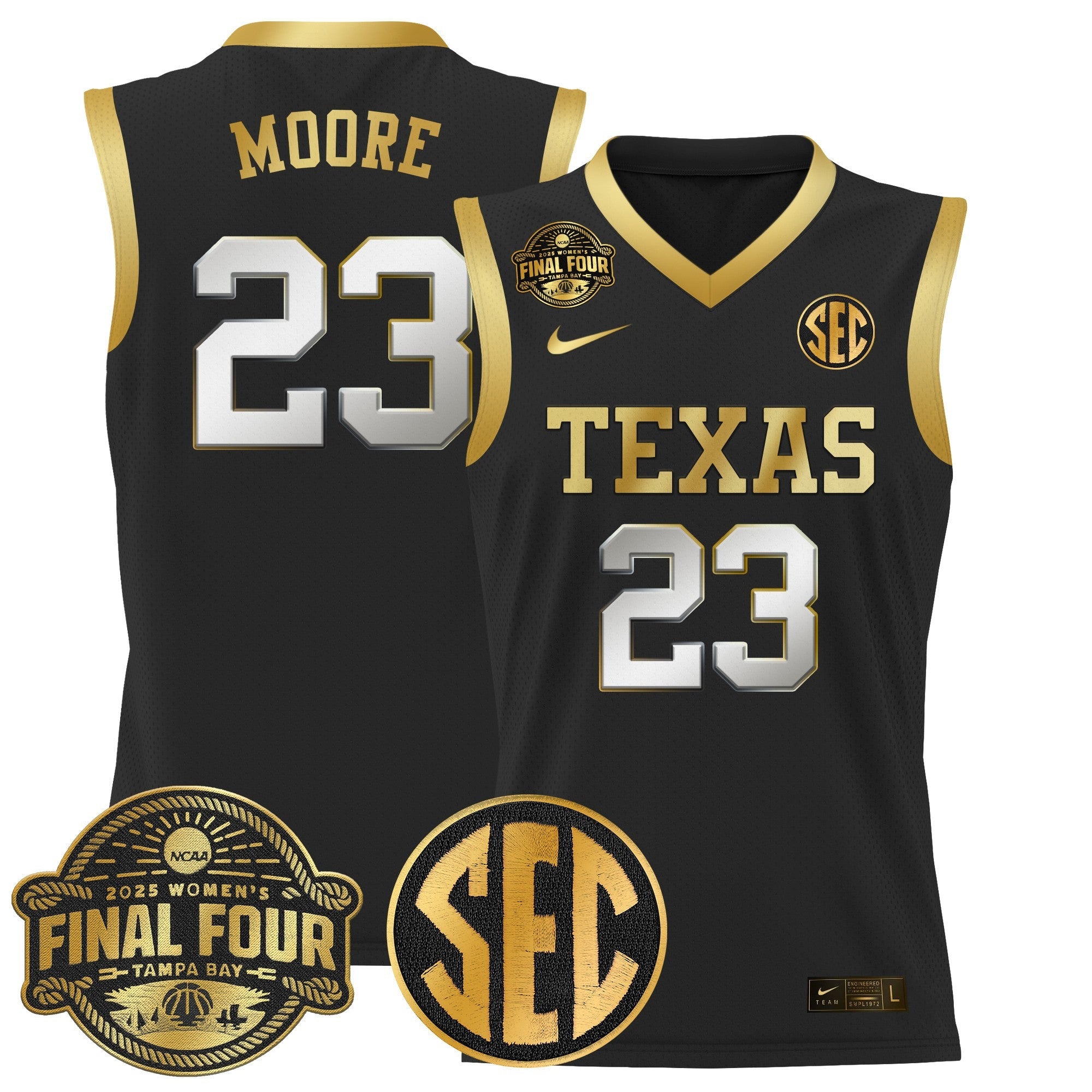 Aaliyah Moore Jersey #23 Texas Longhorns 2025 Sec Final Four Patch Black Gold