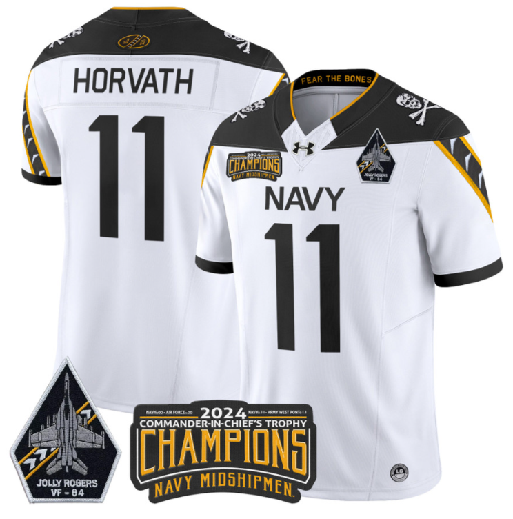 Blake Horvath Jersey #11 Navy Midshipmen 2024 Jolly Rogers Champions White
